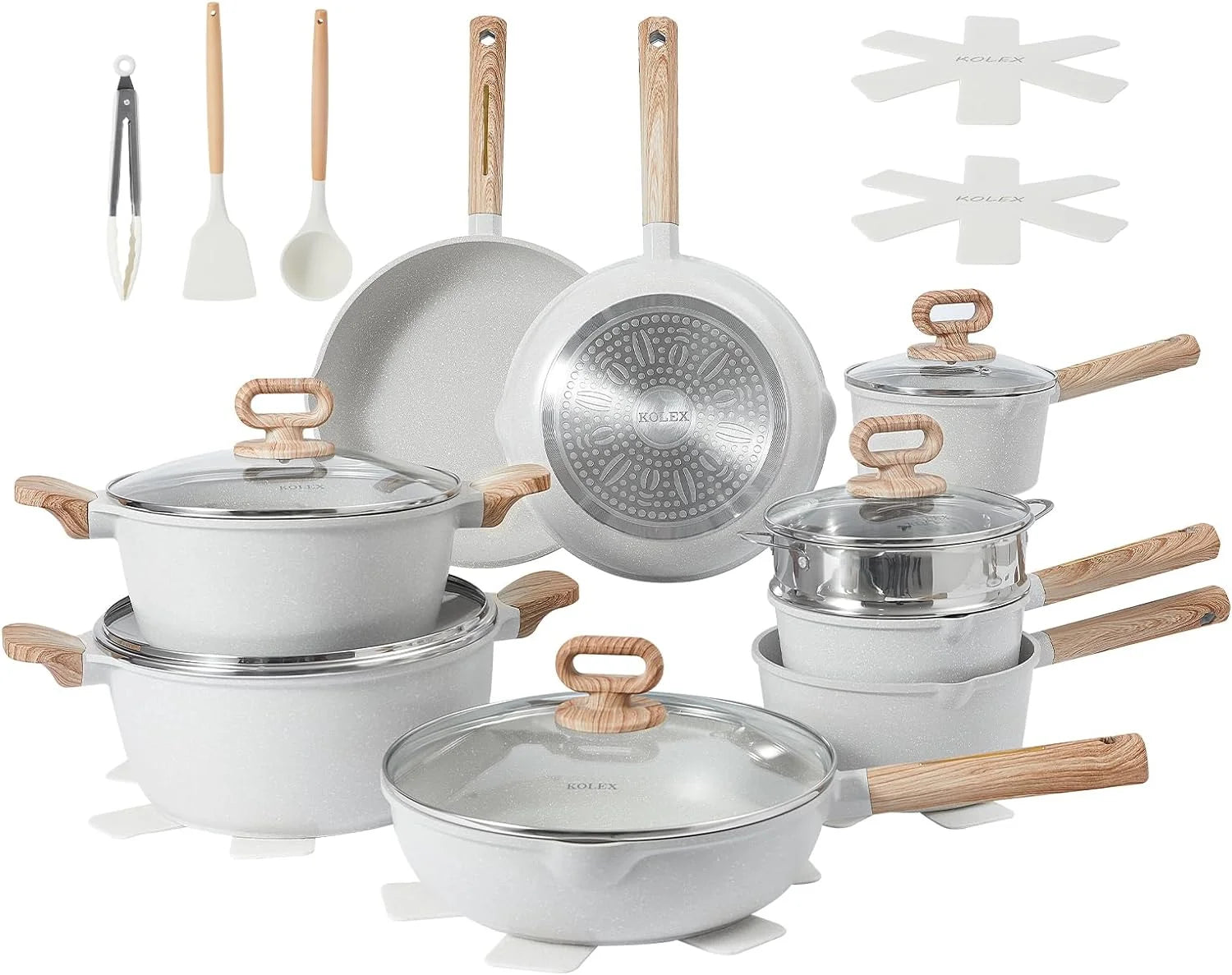 QYANG 23Pcs Pots and Pans Set, Nonstick Cookware Sets, Beige Granite Induction Cookware Non Stick Cooking Set with Frying Pans & Saucepans(PFOS, PFOA Free)