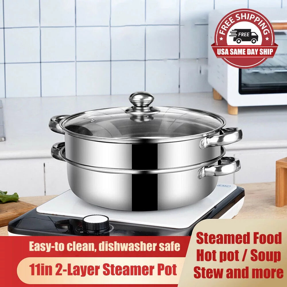 2-Layer Stainless Steel Cooking Wok Soup Stew Pot Steamer with Lid Glass Cover