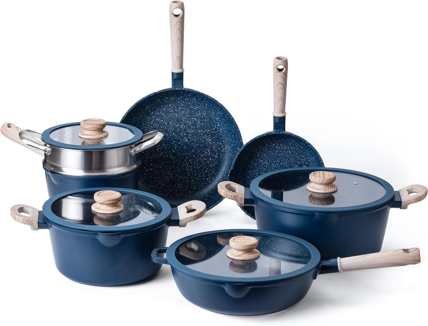 FANGL 11pcs Pots and Pans Set Non Stick Cast Aluminum, Kitchen Cookware Sets, Kitchen Induction Pots and Pans Cooking Sets, Round Handle (Navy)