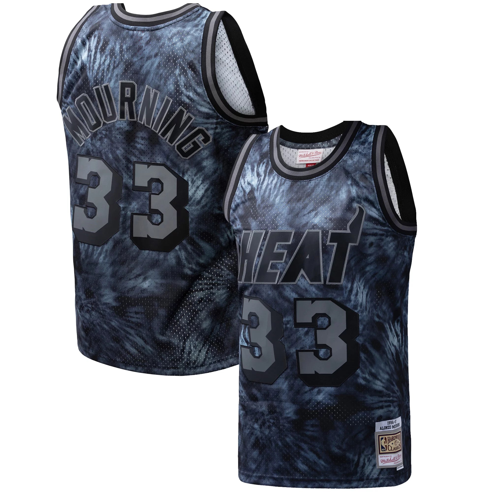 Men's Mitchell & Ness Alonzo Mourning Black Miami Heat Hardwood Classics 1996/97 Tie-Dye Swingman Jersey
