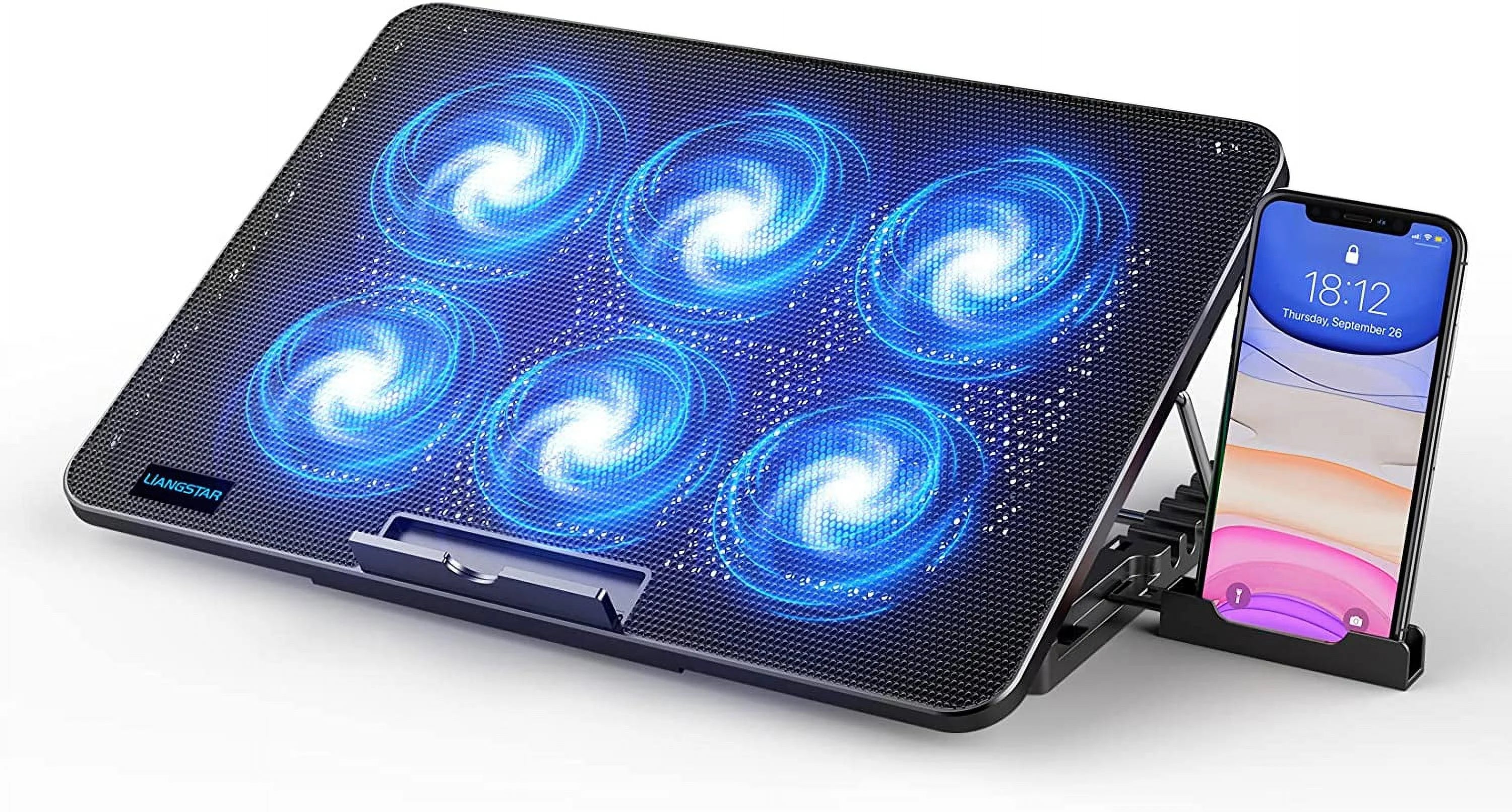 Laptop Cooling Pad, Laptop Cooler with 6 Quiet Fans for 12-17 Inch Notebook Gaming Fan Stable Stand, 7 Height & Wind Speed Adjustable, 2 USB Port & Phone Holder (Black)