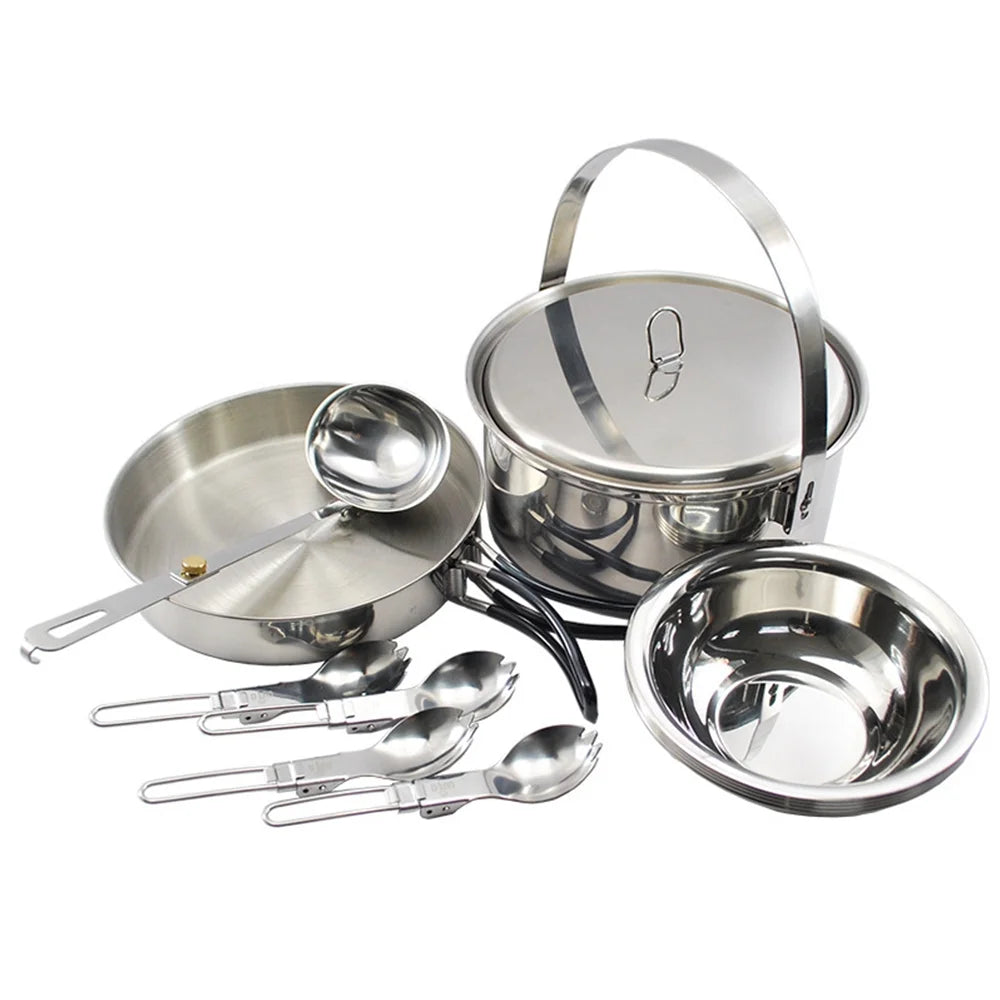OWSOO Outdoor cookware,Sporks Outdoor Equipment Spoon Sporks Outdoor Kit 4 Persons Set Pot Pan Stainless Steel Set Mess Kit 4 Pot Pan Soup Pan Soup Spoon Family cookware Mess kit Picnic Steel Set Pot