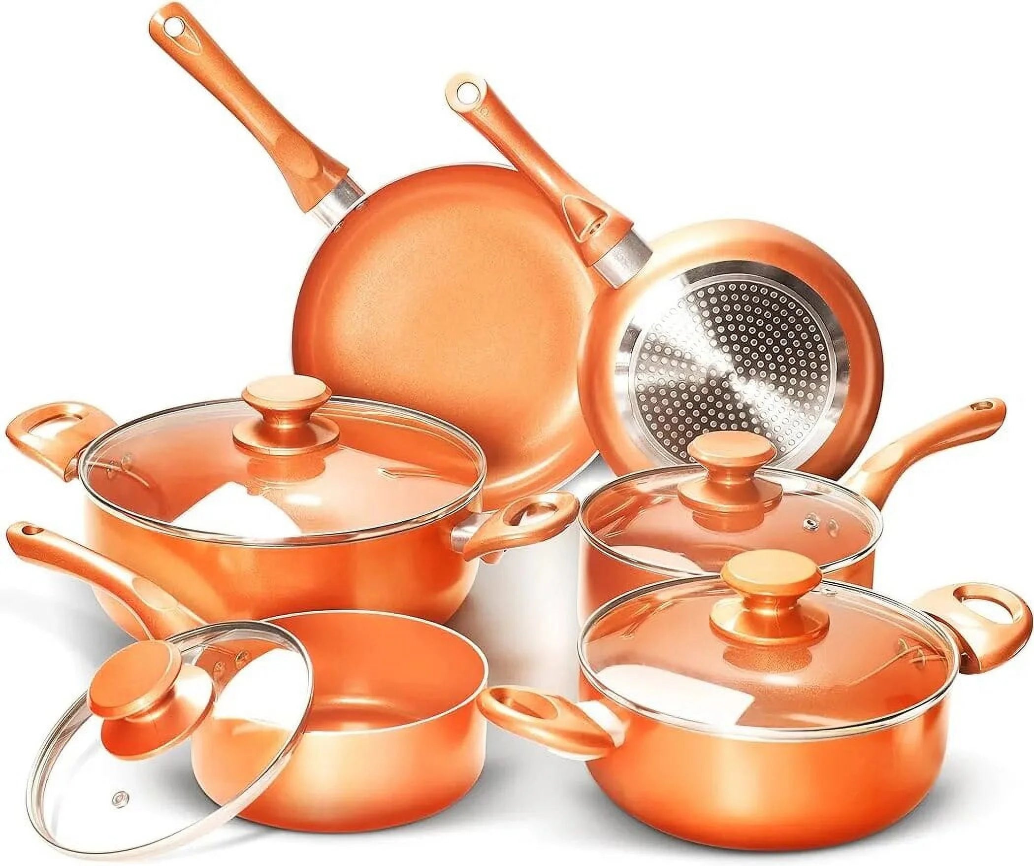 10 Pieces Frying Pans Pot Set Ceramic Nonstick Cookware with Lids Kitchen Induction, Safe Cookware set Orange pot set