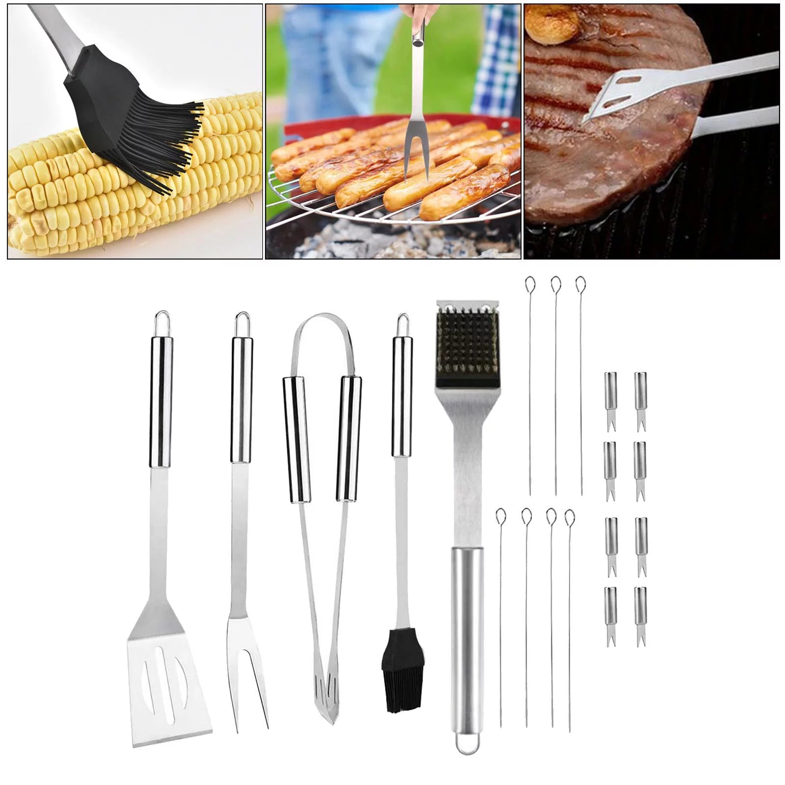 Complete Tool Set Stainless Steel Barbecue Grilling Accessories Nylon Storage Case, Includes Spatula, Basting Brush - 20PCS