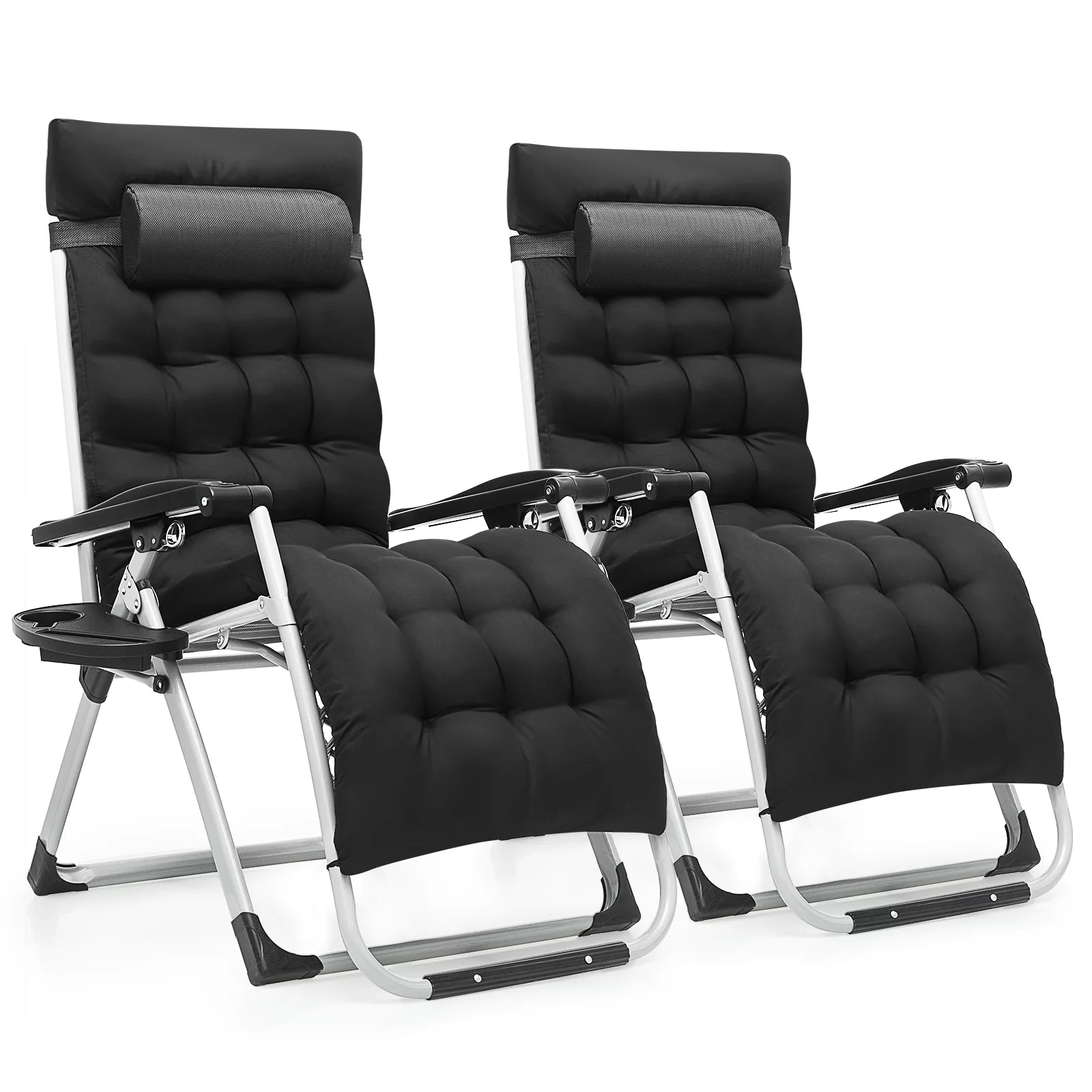 Magshion 2 Pack Patio Zero Gravity Chairs, Folding Recliner with Headrest & Tray, Sunbathing Chair for Poolside Beach Porch Yard, Grey