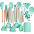 Three-Sixty Home ODORLESS 13 Pc Silicone Cooking Utensils Set with Holder (Mint/Turquoise/Blue, Wood Handle) - Kitchen Gift Cookware Tools and Utensils Sets w Spatula Tool, Spoons | Silicone Wooden