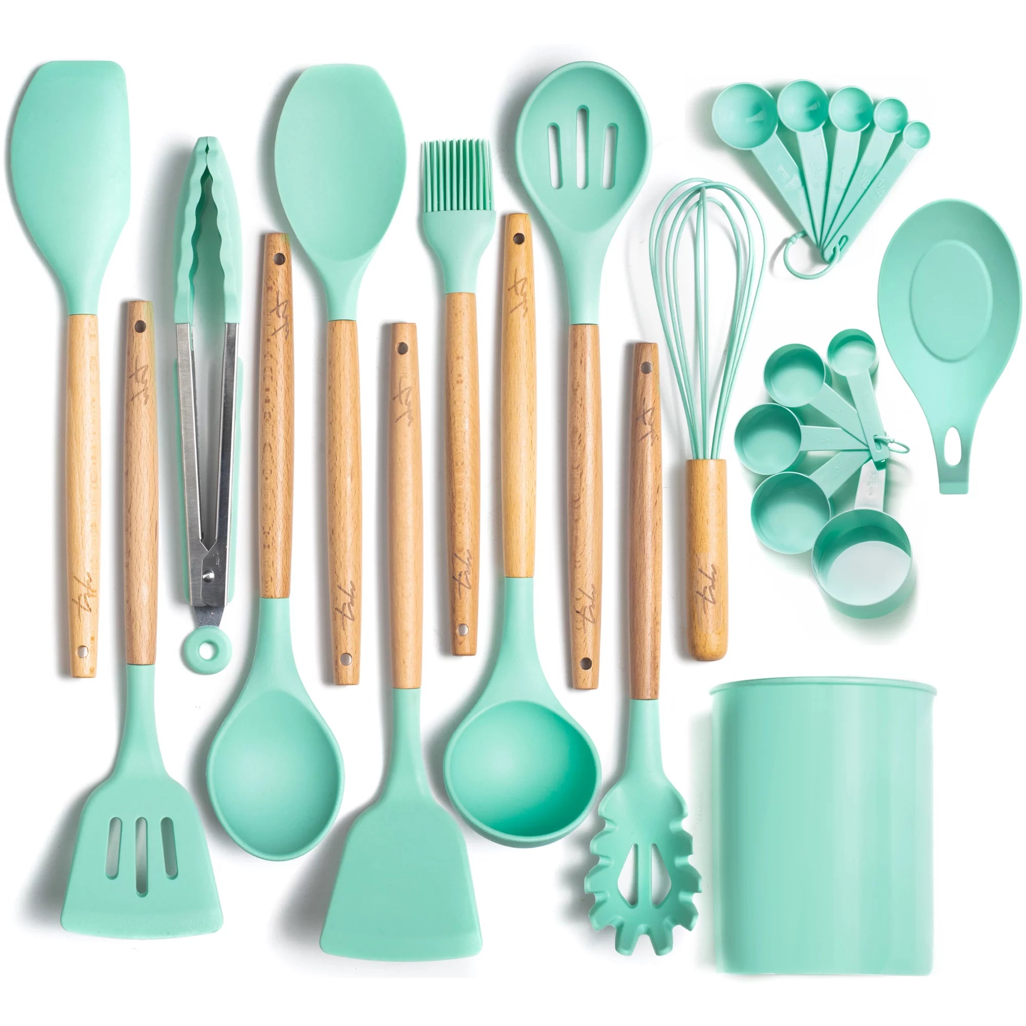 Three-Sixty Home ODORLESS 13 Pc Silicone Cooking Utensils Set with Holder (Mint/Turquoise/Blue, Wood Handle) - Kitchen Gift Cookware Tools and Utensils Sets w Spatula Tool, Spoons | Silicone Wooden