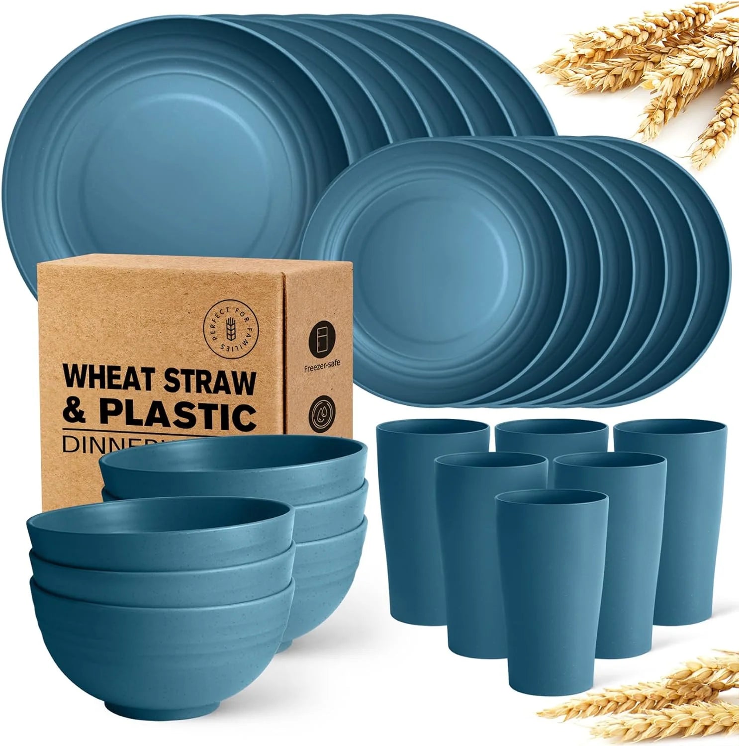 32-Piece Kitchen Plastic Wheat Straw Dinnerware Set, Service for 8, Dinner Plates, Dessert Plate, Cereal Bowls, Cups, Unbreakable Plastic Outdoor Camping Dishes, Dark Blue