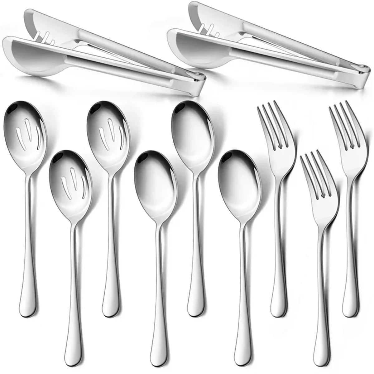 11 Piece Serving Utensils Set, Silverware Set, Hostess Set, Stainless Steel Modern Flatware, Mirror Polished, Dishwasher Safe, Silver