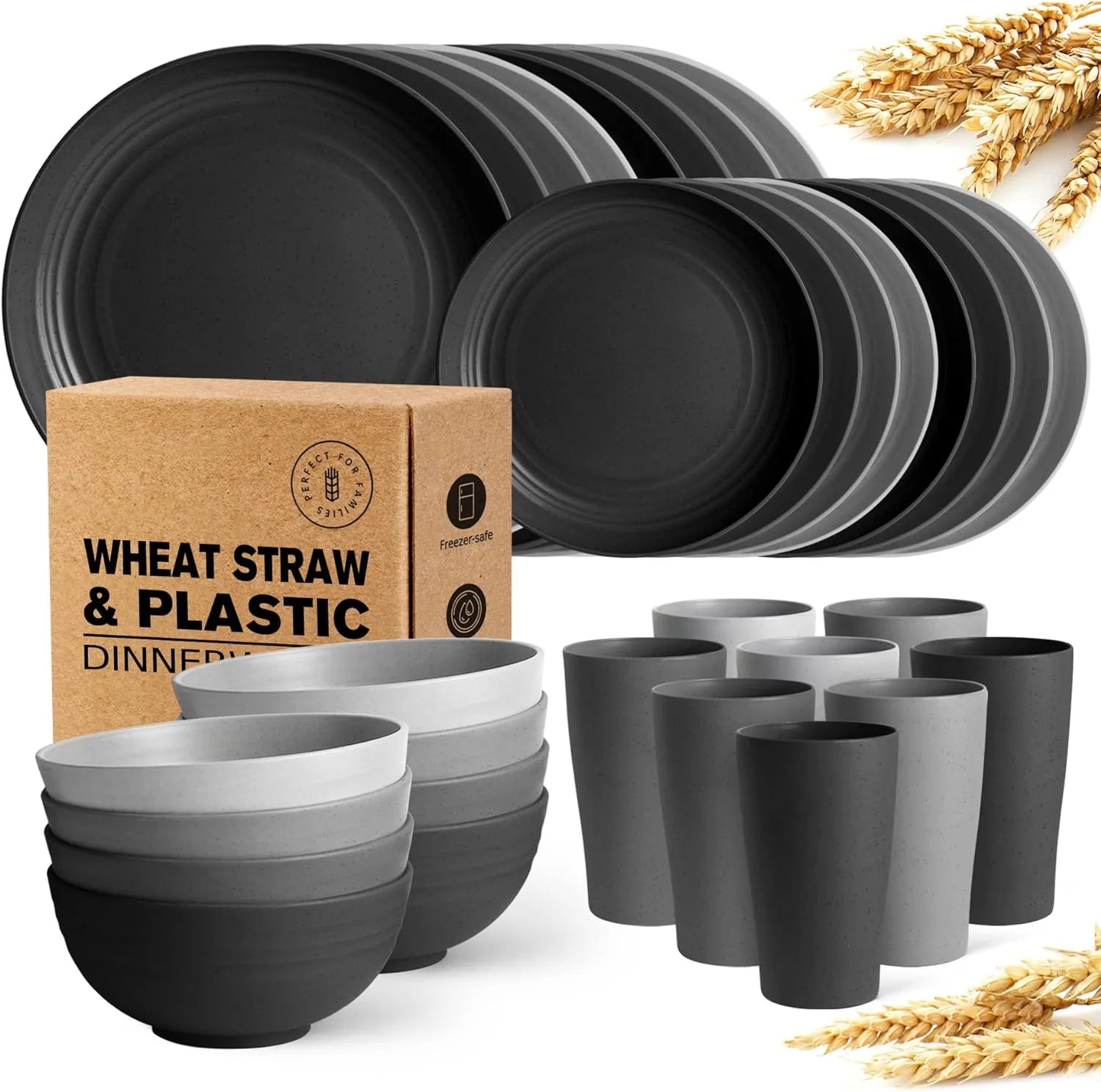 32-Piece Kitchen Plastic Wheat Straw Dinnerware Set, Service for 8, Dinner Plates, Dessert Plate, Cereal Bowls, Cups, Unbreakable Colorful Plastic Outdoor Camping Dishes, Gray Ombre