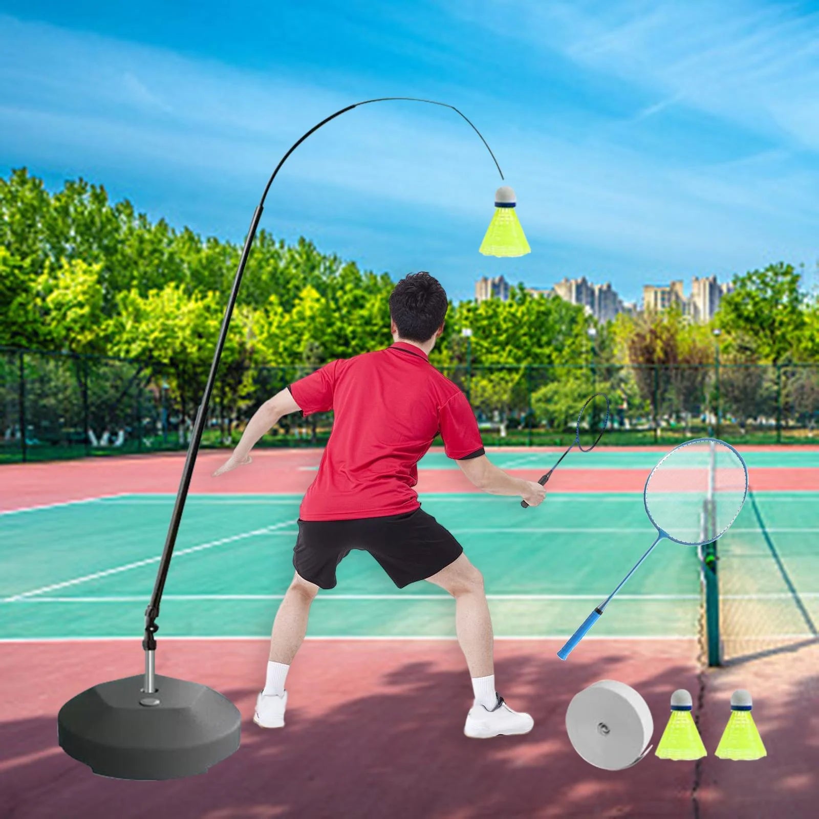Professional Self Practice Trainer Aid Equipment 40 Elastic Rope Badminton Training Device for Simulator Playing, Children, Backyard, Beginner Stainless Steel Rod