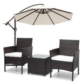 MoNiBloom 3PCS Patio Rattan Furniture Set with 8.5ft Offset Hanging Market Umbrella, Outdoor Conversation Set with Cushion and Tempered Glass Tabletop, Beige