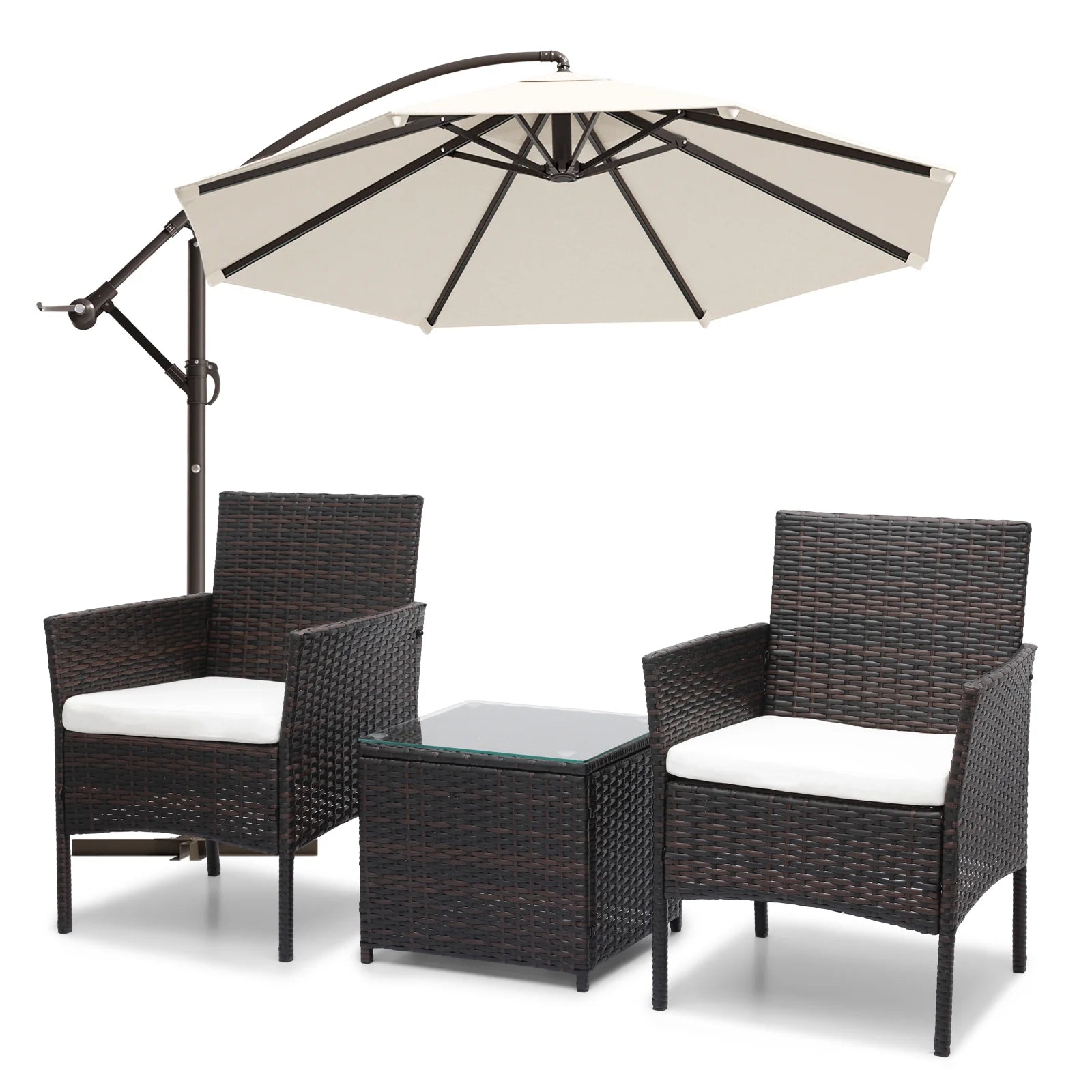 MoNiBloom 3PCS Patio Rattan Furniture Set with 8.5ft Offset Hanging Market Umbrella, Outdoor Conversation Set with Cushion and Tempered Glass Tabletop, Beige