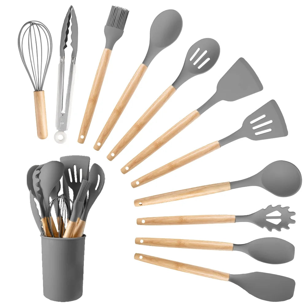 12 Piece Silicone Kitchen Utensil Set Heat Resistant Silicone Kitchen Utensils for Cooking,Kitchen Utensil Spatula Set w Wooden Handles,Holder, BPA FREE Gadgets for Non-Stick Cookware