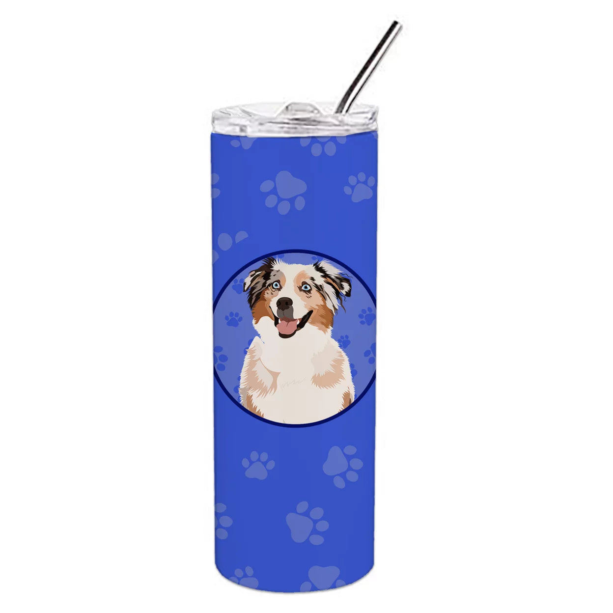 Carolines Treasures WDK1009TBL20 Australian Shepherd Red Merle Tricolor Design2  Stainless Steel 20 oz Skinny Tumbler