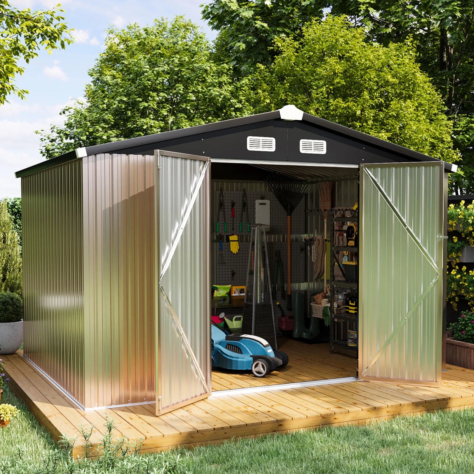 Sumthink 7.6 x 9.7 FT Outdoor Storage Shed, Metal Shed for Garden, Backyard, Patio, Brown