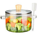 NiHome 61OZ/1.8L Clear Borosilicate Glass Cooking Pot with Lid, Glass Simmer Pot for StoveTop w/Wooden Lid Handle & Brush, Glass Saucepan for Slow Simmer, Microwave, Dishwasher-Safe, Ribbed Surface