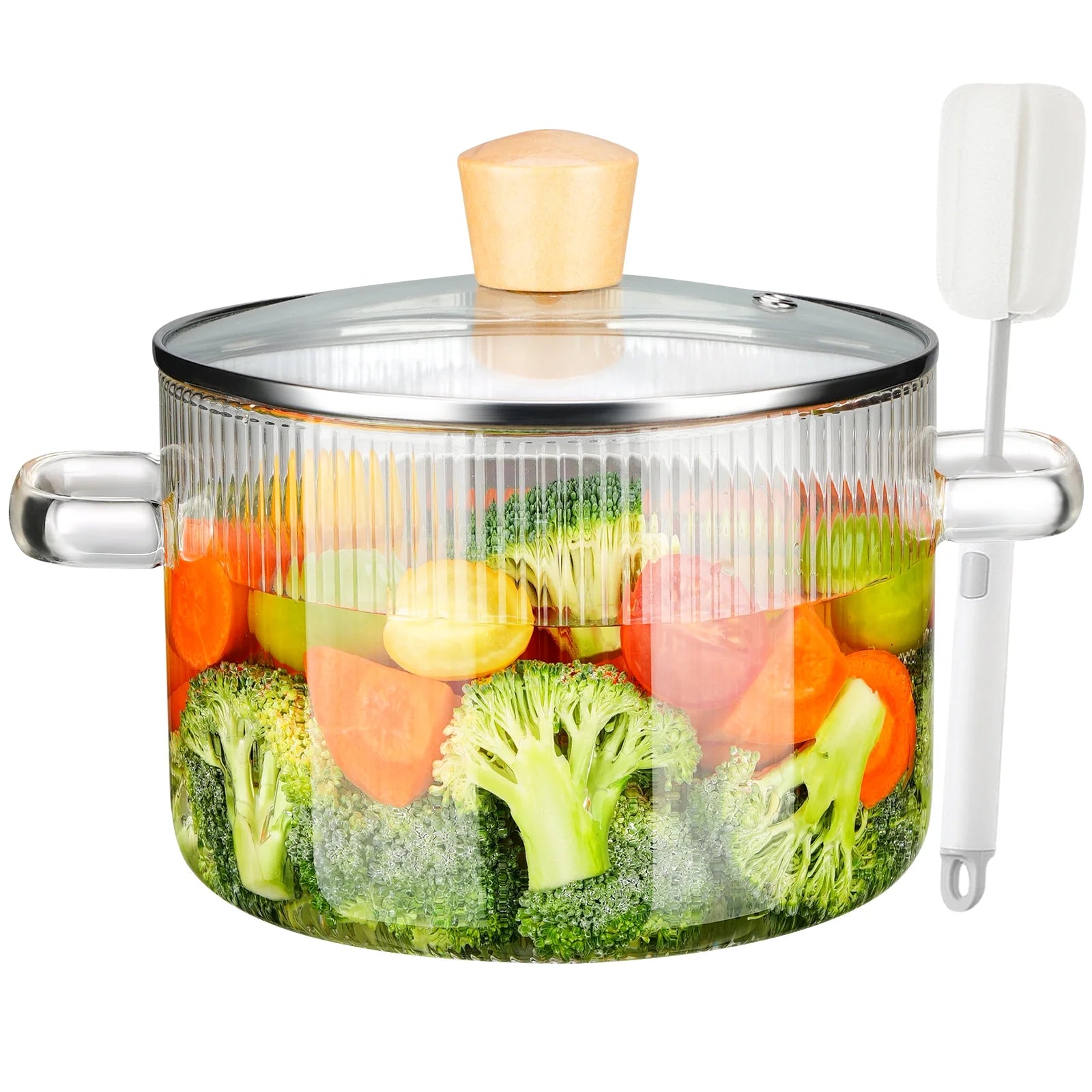 NiHome 61OZ/1.8L Clear Borosilicate Glass Cooking Pot with Lid, Glass Simmer Pot for StoveTop w/Wooden Lid Handle & Brush, Glass Saucepan for Slow Simmer, Microwave, Dishwasher-Safe, Ribbed Surface