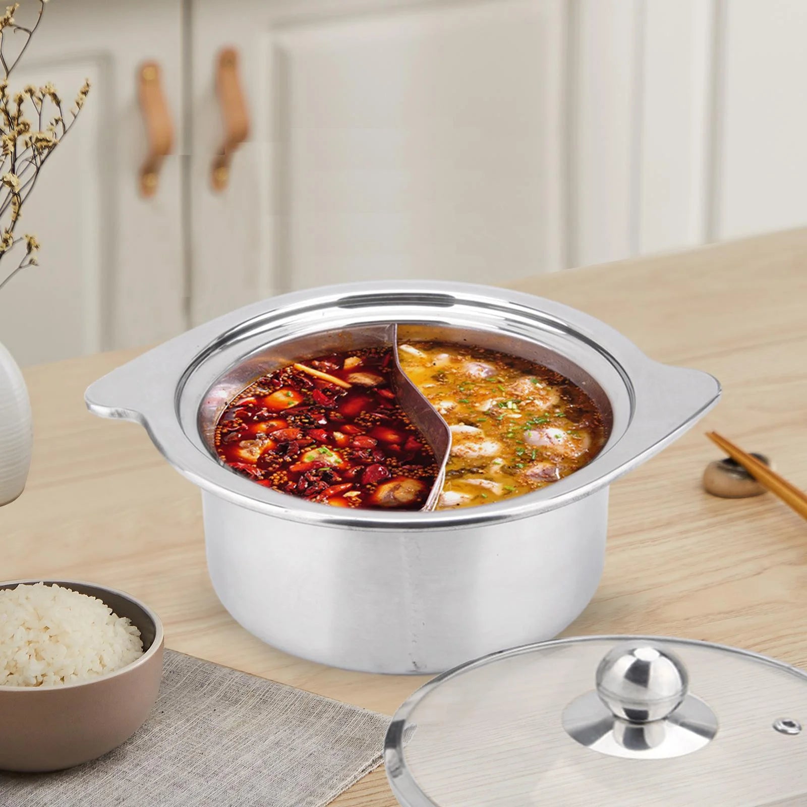 Shabu Hot Pot Chinese Dual Sided Pot Induction Cooktop Two Flavor Soup Pot Cooking Pot Cookware for Restaurant Party Camping 16cm with lid