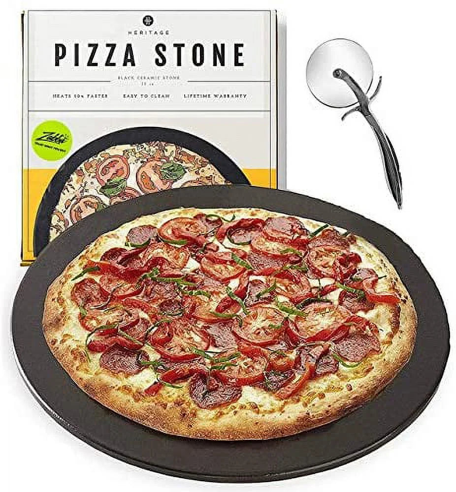 Heritage Square Pizza Stone - Pizza & Bread Baking Stones For Gas Grill, Oven Baking - Black Ceramic Pan, Stainless, No-Smoke - Wheel Pizza Cutter - Housewarming Gifts