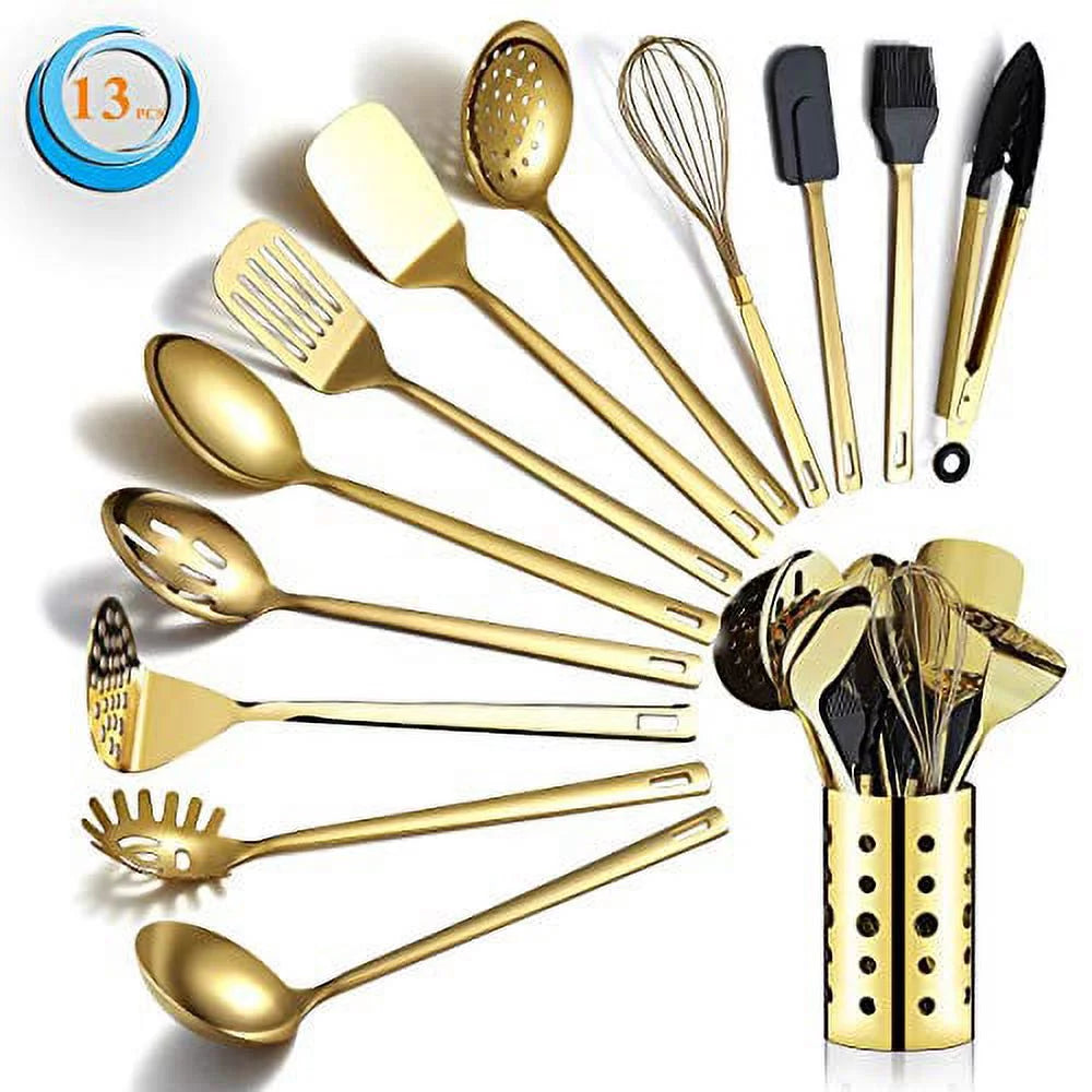 gold cooking utensils set, stainless steel 13 piece kitchen utensils set with titanium plating
