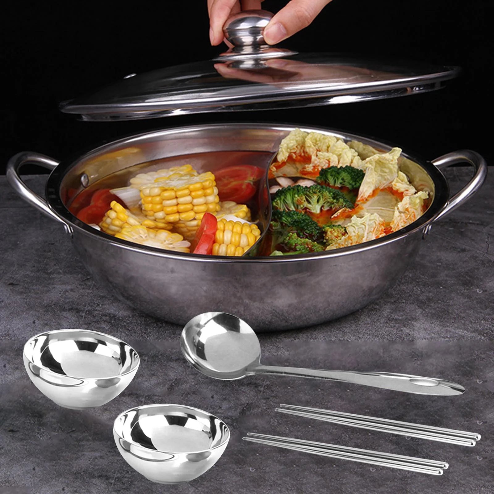 Stainless Steel Soup Stockpot Kitchenware with Glass Lid Cookware Cooking Pot Hot Pot Pan for Electric Cooker Camping Travel Party Restaurant 28cm