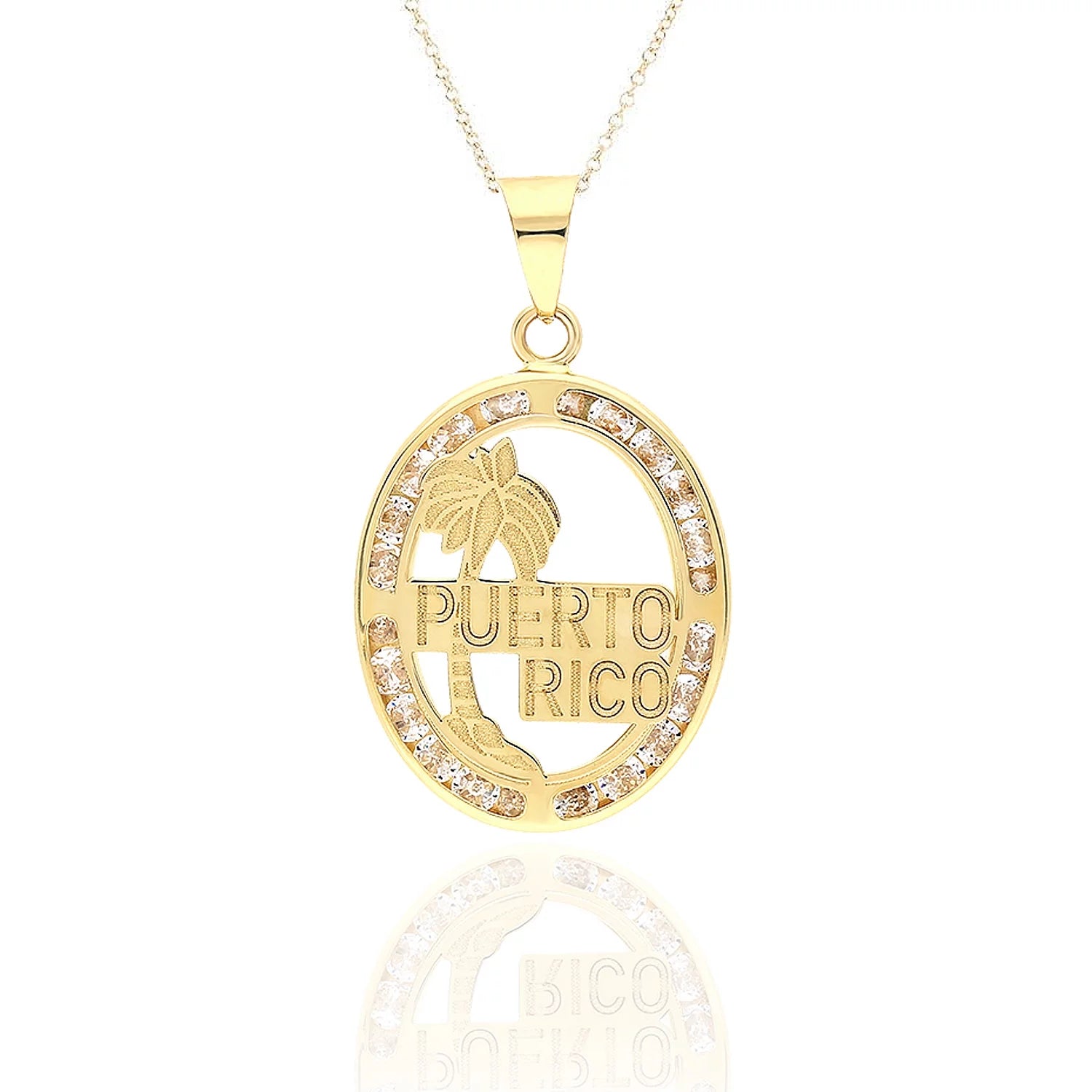 10K Yellow Gold CZ Puerto Rico Palm Tree Oval Shape Disc Pendant