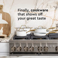 Styled Settings White Pots and Pans Set Nonstick-15 Piece Luxe White Cookware Set PFOA Free Non Toxic Oven Safe Induction Safe Cooking Pot with Strainer Lid Gold Cooking Utensils Gold Pot