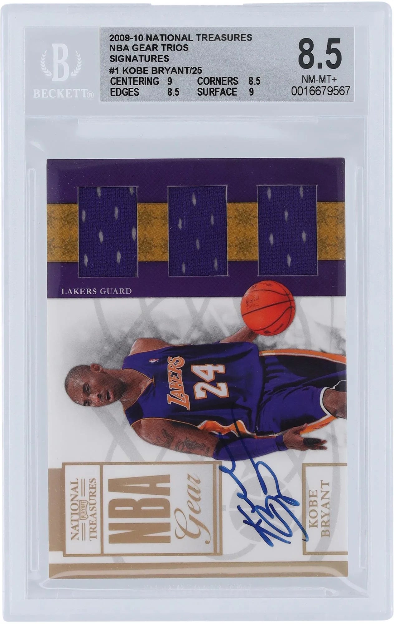 Kobe Bryant Los Angeles Lakers Autographed 2009-10 Panini National Treasures Triple Relic #1 #25/25 BGS Authenticated 8.5/10 Card - 9,8.5,8.5,9 Subgrades - Fanatics Authentic Certified