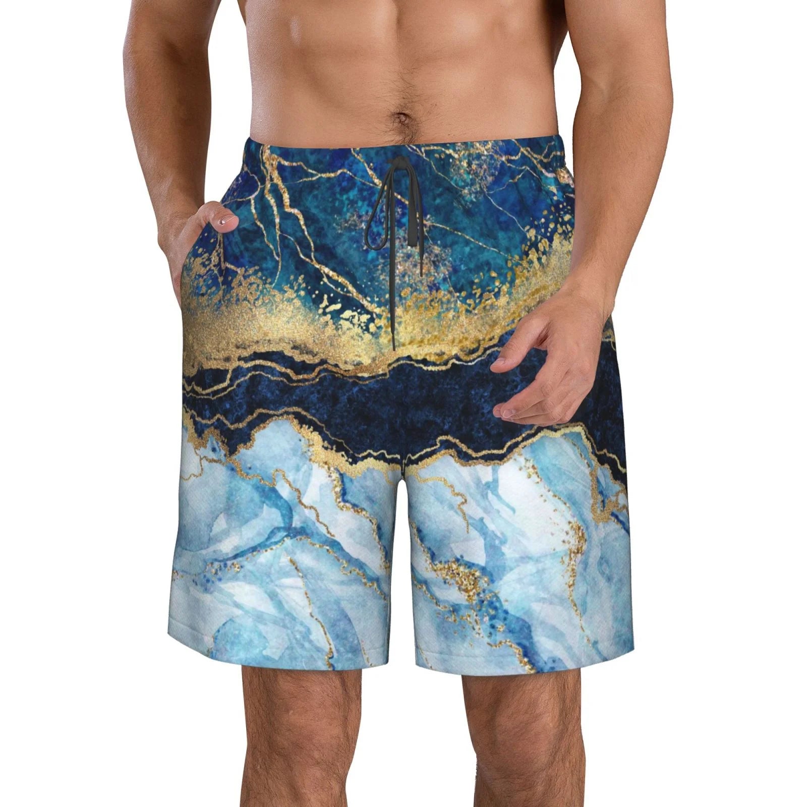 Kll Blue Marble Gold Foil And Glitter Decor Men'S Casual Summer Beach Shorts Hawaiian Shorts With Pockets-