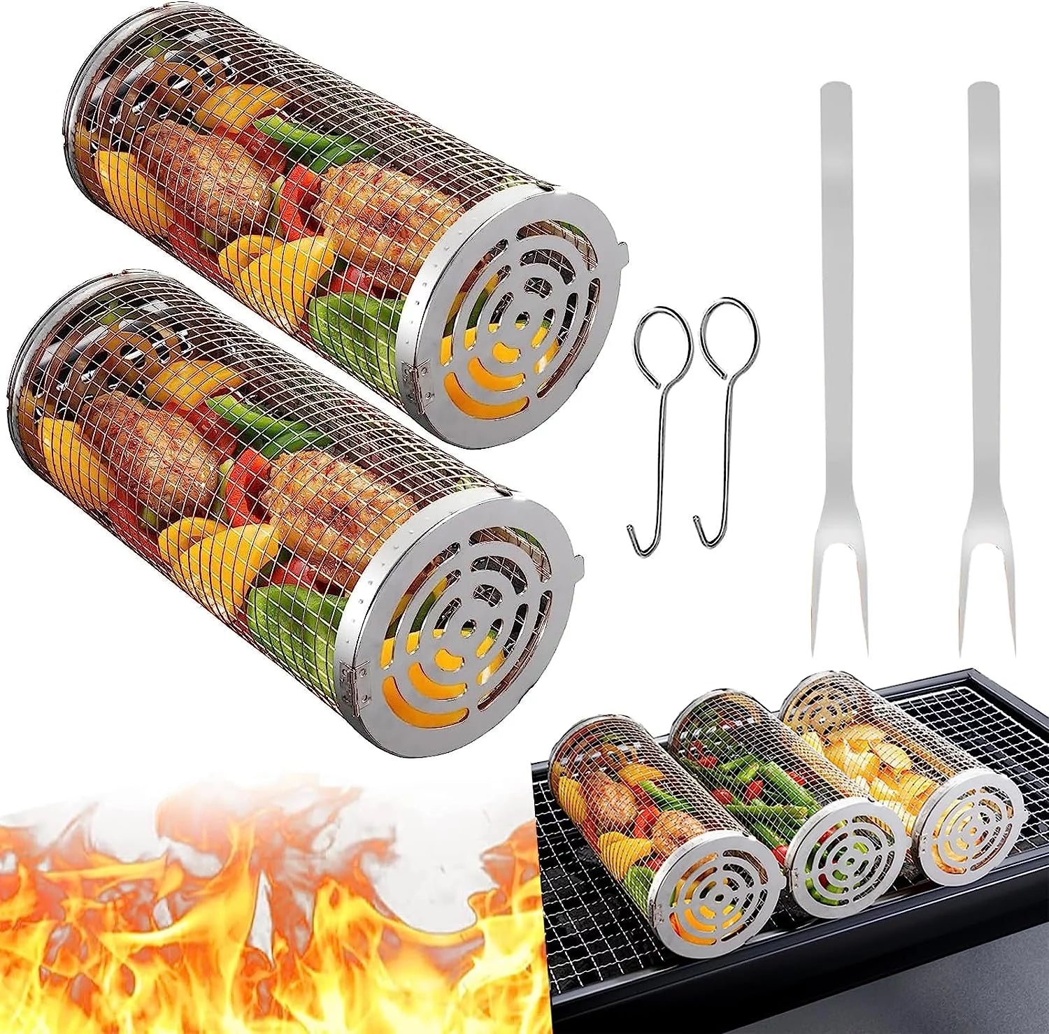 Grill Basket 2 PCS Rolling Grilling Baskets for Outdoor Grilling,Bbq Grill Grilling Basket Cylinder.Barbeque Stainless Steel Accessories for Fish, Shrimp, Meat, Vegetables, Fries Fathers day gifts