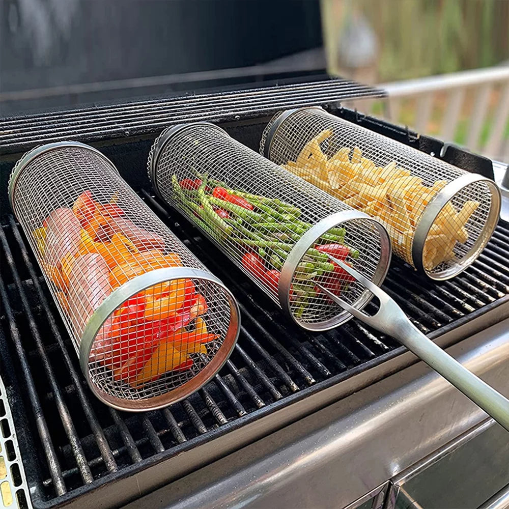 Heflashor 2023 Cylindrical Grill Basket, Stainless Steel BBQ Grilling Basket Fish Grill Basket for Meat,Vegetables, Chops,Outdoor Grill Accessories Gifts for Men