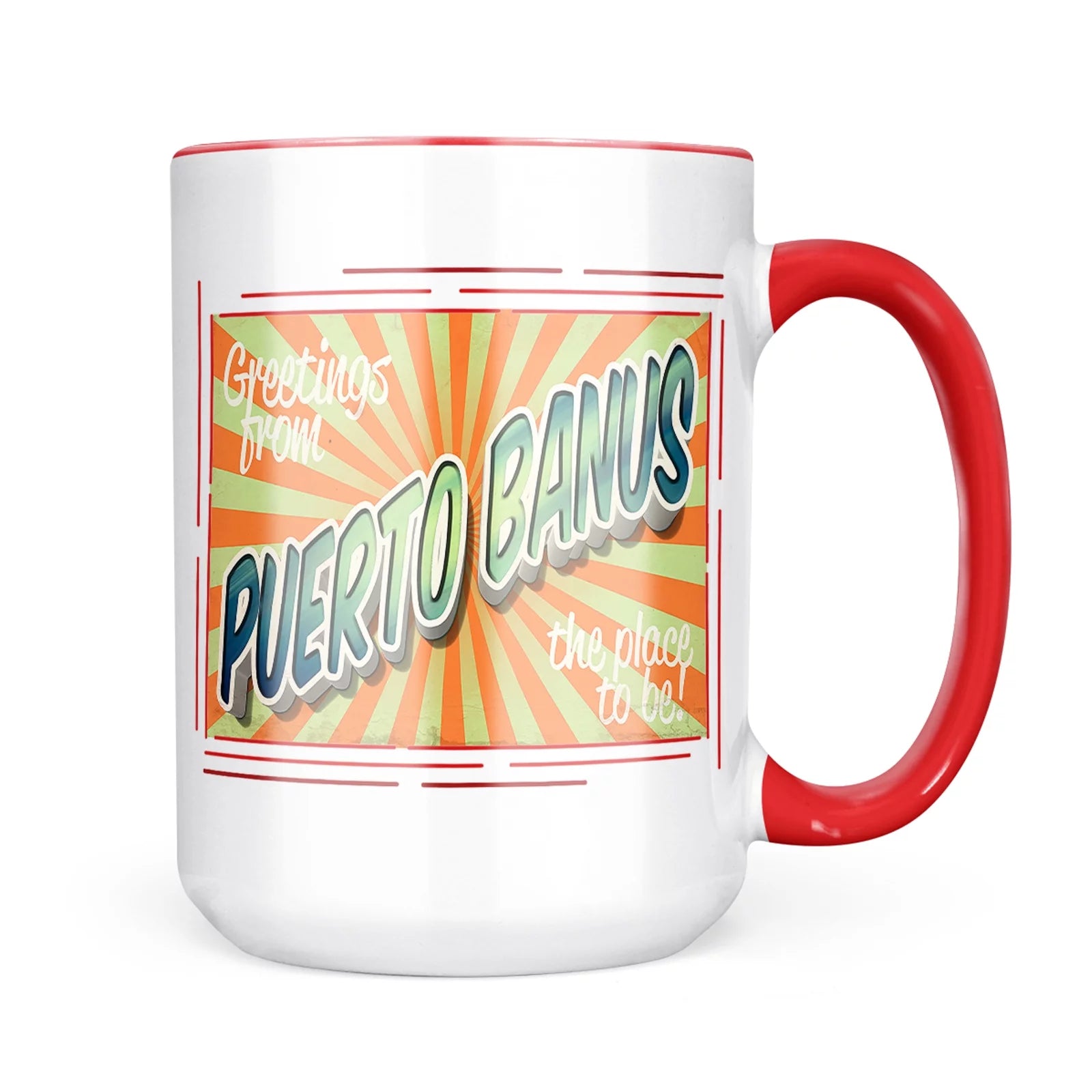 Neonblond Greetings from Puerto Banus, Vintage Postcard Mug gift for Coffee Tea lovers