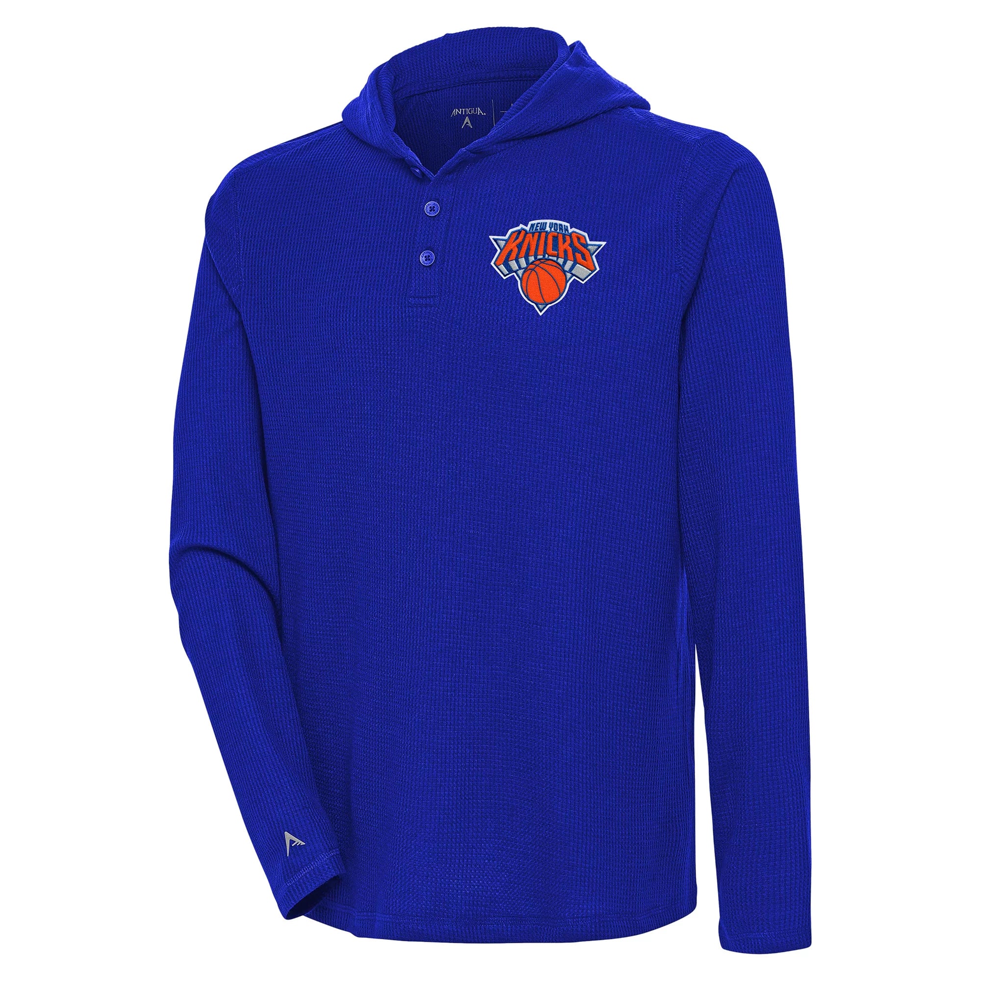 Men's Antigua  Royal New York Knicks Strong Hold Long Sleeve Henley Hoodie T-Shirt
