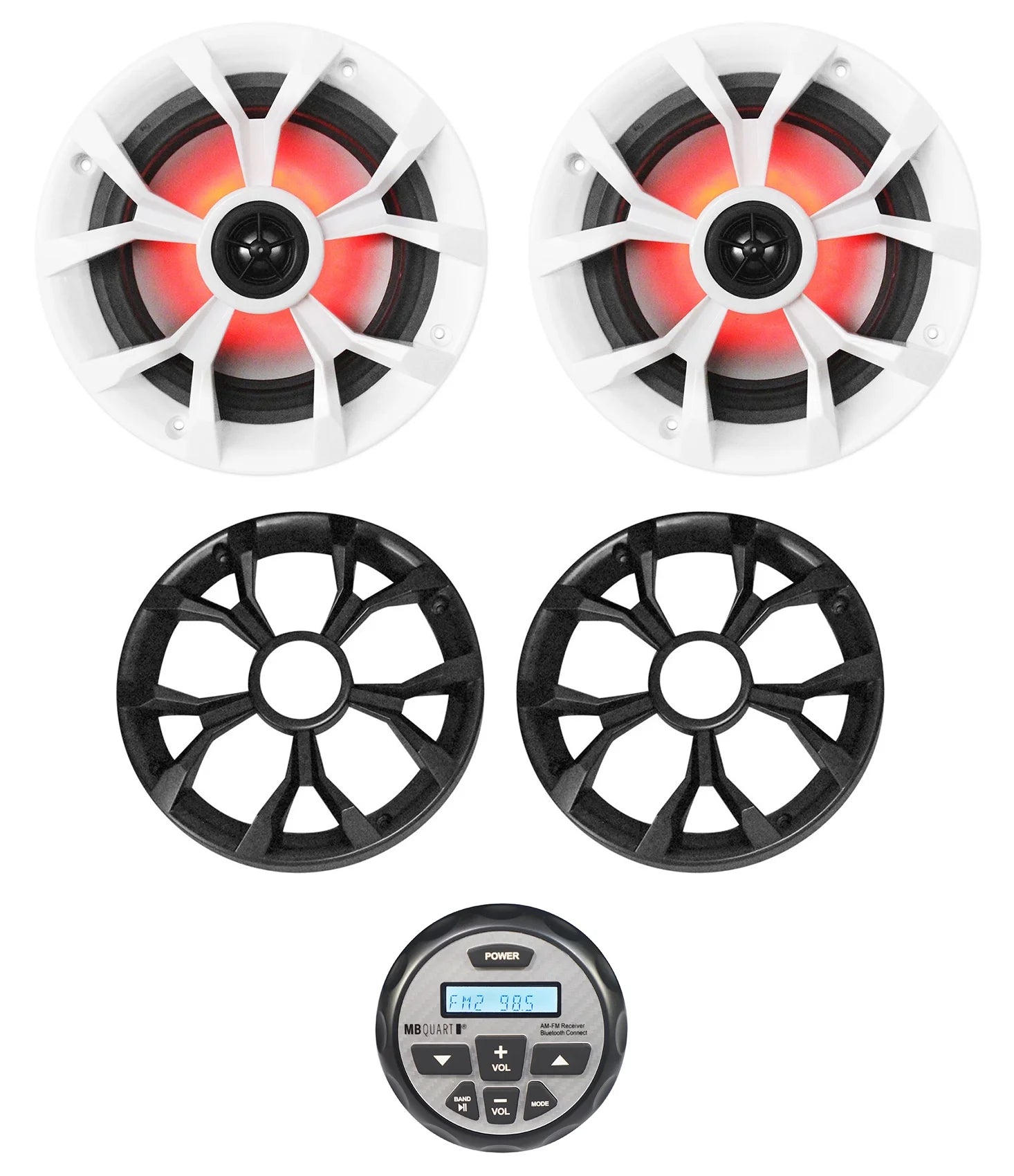 MB Quart GMR-2.5 Marine Bluetooth Gauge Receiver+(2) 6.5 700w Boat LED Speakers