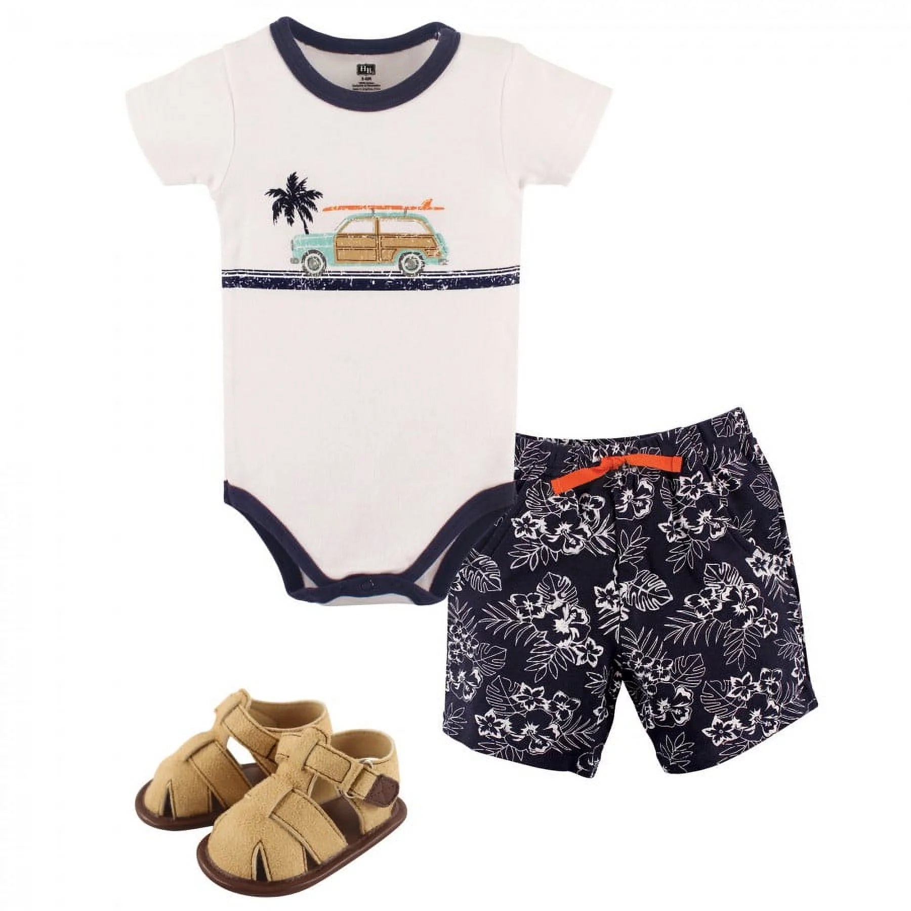 Hudson Baby Infant Boy Cotton Bodysuit, Shorts and Shoe 3pc Set, Surf Car, 9-12 Months