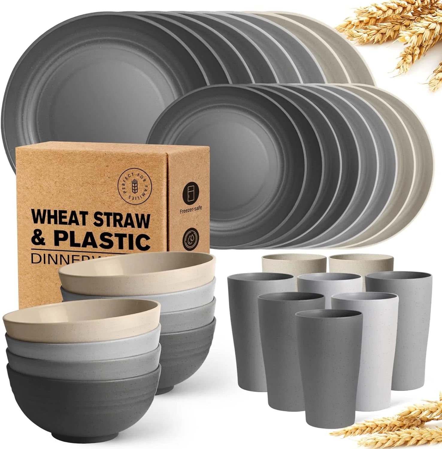 32-Piece Kitchen Plastic Wheat Straw Dinnerware Set, Service for 8, Dinner Plates, Dessert Plate, Cereal Bowls, Cups, Unbreakable Colorful Plastic Outdoor Camping Dishes, Gray Stone