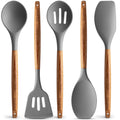Zulay Kitchen Non-Stick Silicone Utensils Set with Acacia Wood Handles 5 Piece Silicone - Gray