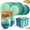 32-Piece Kitchen Plastic Wheat Straw Dinnerware Set, Service for 8, Dinner Plates, Dessert Plate, Cereal Bowls, Cups, Unbreakable Colorful Plastic Outdoor Camping Dishes, Ombre Mint