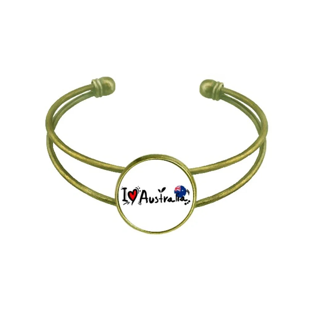 I Love Australia World Flag Heart Bracelet Bangle Retro Open Cuff Jewelry