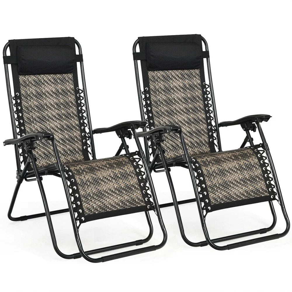 leecrd of 2 Folding Rattan Patio Zero Gravity Lounge Chair Recliner w/ Headrest