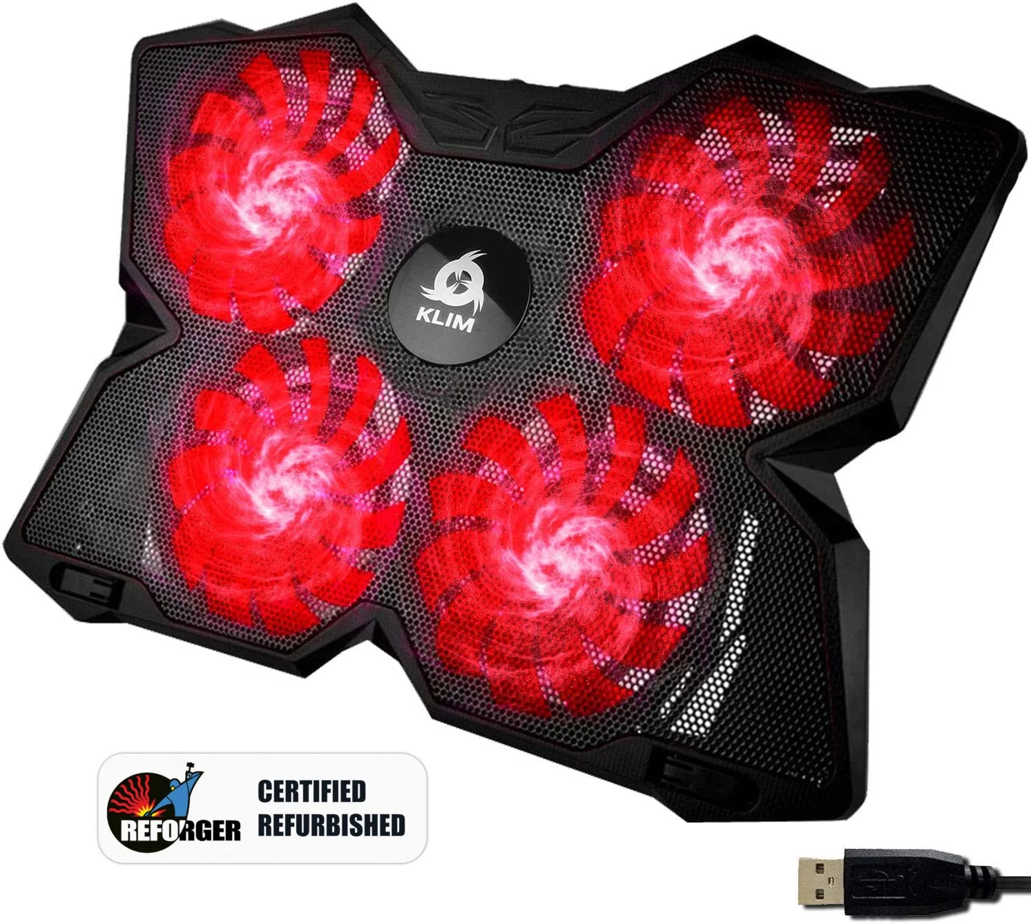 Pre-Owned KLIM Wind Laptop Cooling Pad & Stand for 11 to 17 Inch Notebooks, Gaming Consoles, 4 Illuminated Fans, Quiet, Powerful Cooler, 2 USB Ports, Red (Refurbished: Good)