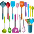 VeSteel 15-Piece Kitchen Cooking Utensils Set with Holder, Silicone Kitchen Tools Stainless Steel Handle, Slotted Spatula Spoon Turner Tong Whisk Brush for Cooking, Colorful