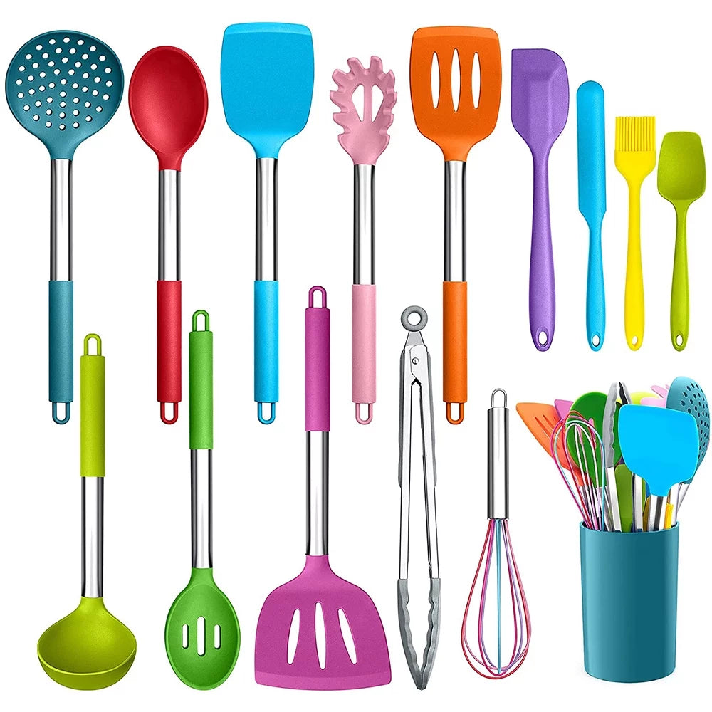 VeSteel 15-Piece Kitchen Cooking Utensils Set with Holder, Silicone Kitchen Tools Stainless Steel Handle, Slotted Spatula Spoon Turner Tong Whisk Brush for Cooking, Colorful