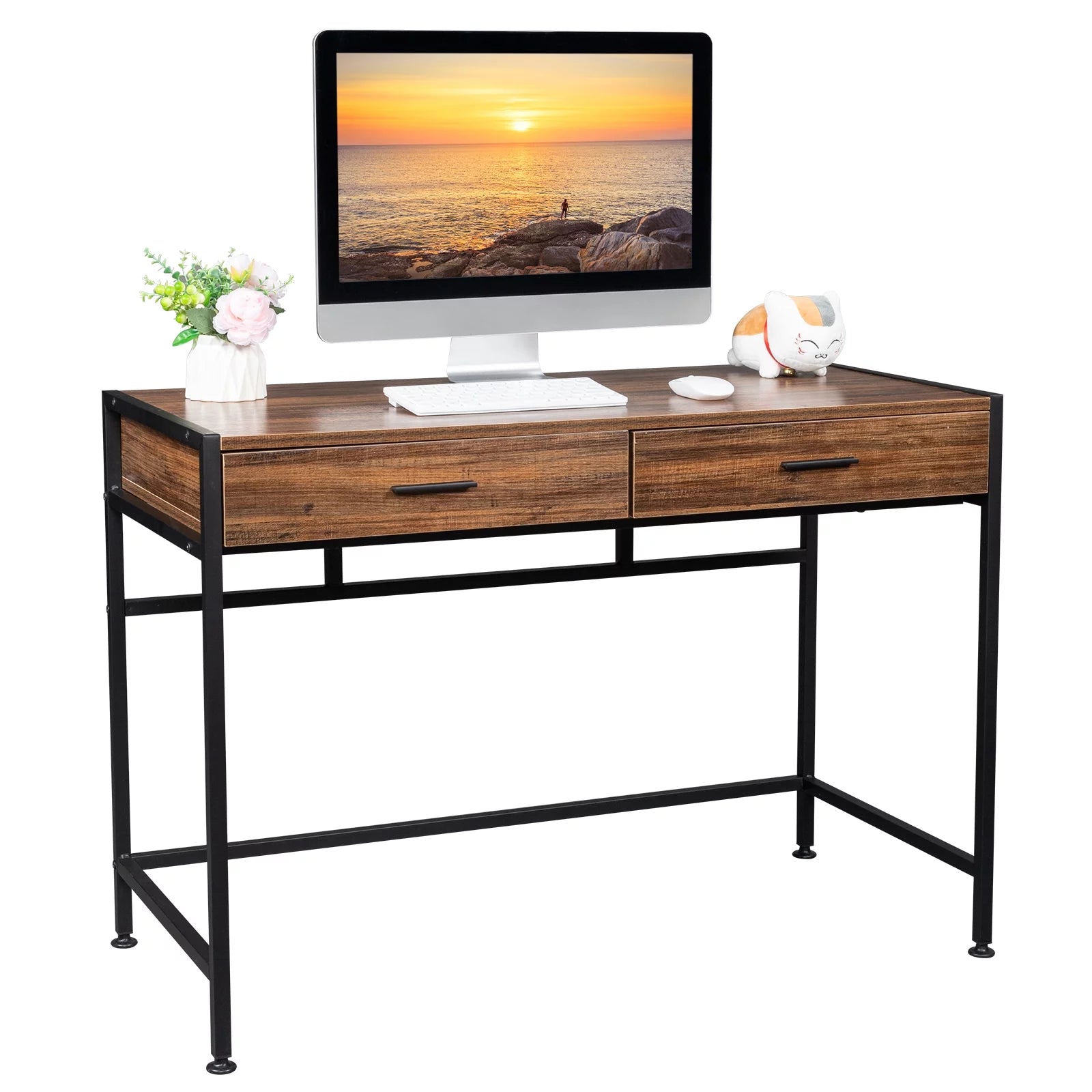 Small Computer Desk, Home Office Desk with 2 Drawers, Writing Study Desk for Small Spaces, Bedroom, Rustic Brown