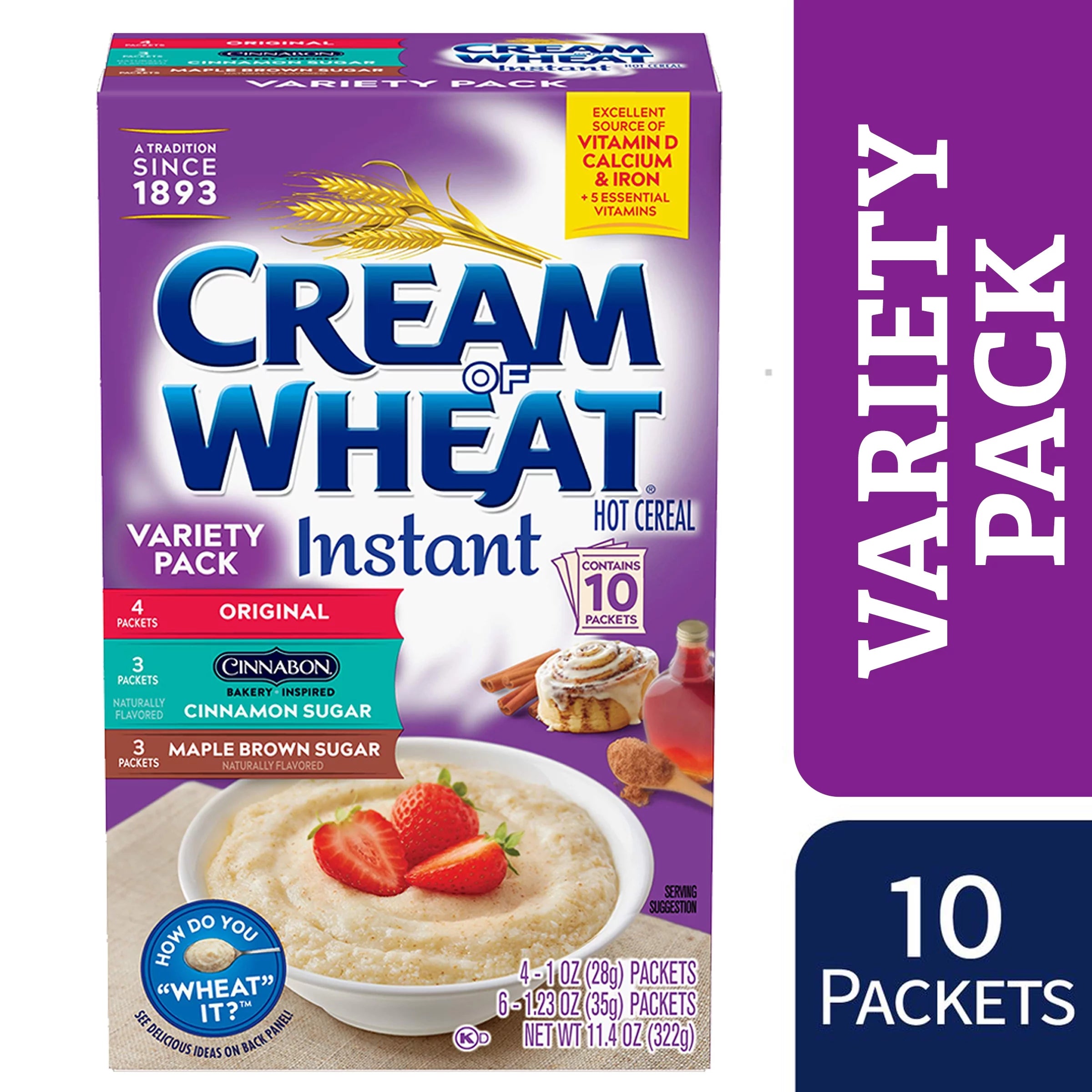 Cream of Wheat Original Flavor, Cinnabon and Maple Brown Sugar Instant Hot Cereal Variety Pack, Kosher, 10 Packets