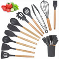 VINAUO Silicone Cooking Utensils Set,Cooking Utensils,Kitchen Utensil Set with Wooden Handle , BPA Free,12 Pcs Kitchen Utensils Set Black