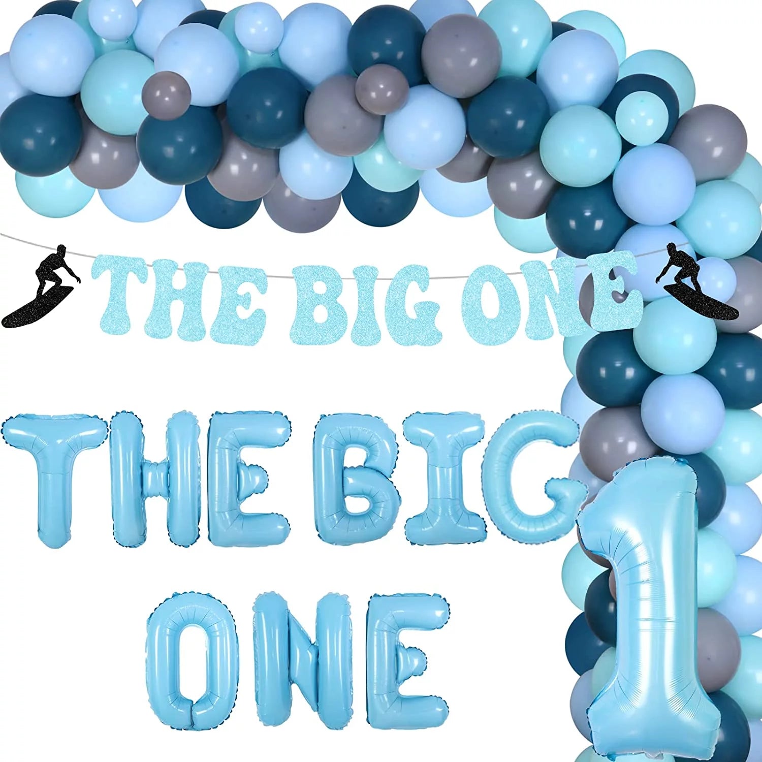 Surf Theme Birthday Party Decorations for Boys, the Big One Surfer 1st Birthday Decorations - Boho Blue Balloon Garland the Big One Banner Number 1 Balloon for Retro Surf Summer Surfing Birthday Party