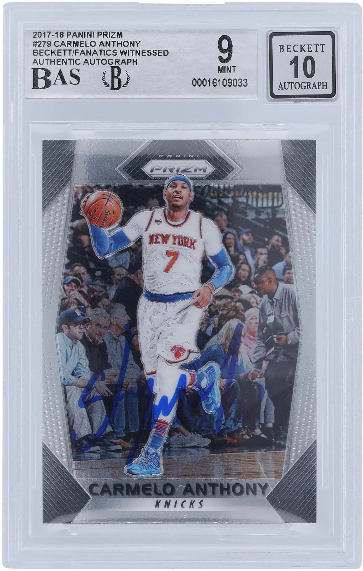 Carmelo Anthony New York Knicks Autographed 2017-18 Panini Prizm #279 Beckett Fanatics Witnessed Authenticated 9/10 Card - Fanatics Authentic Certified