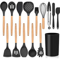 Walchoice 15-Piece Kitchen Silicone Cooking Utensils Set with Holder, Wooden Handle Kitchen Tools Include Spatula Tong Slotted Spoon Turner Whisk Brush, Black